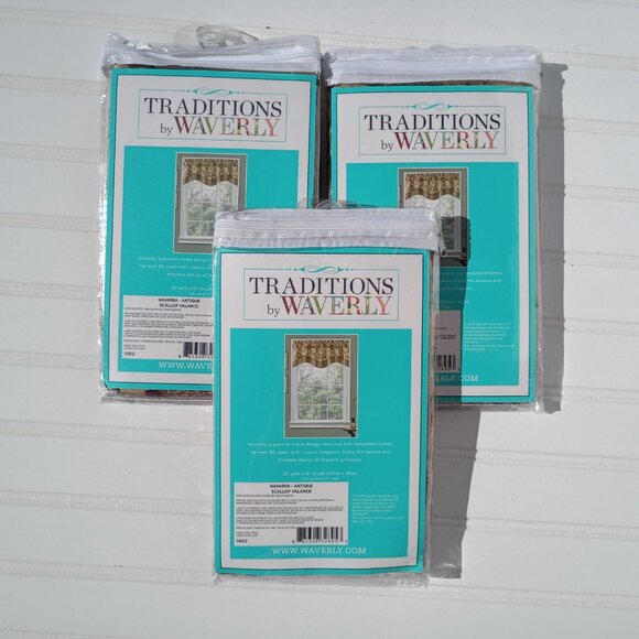 WAVERLY Navarra Antique Curtain Valances SET OF 3 Scalloped Valance Gold Floral - Picture 3 of 9